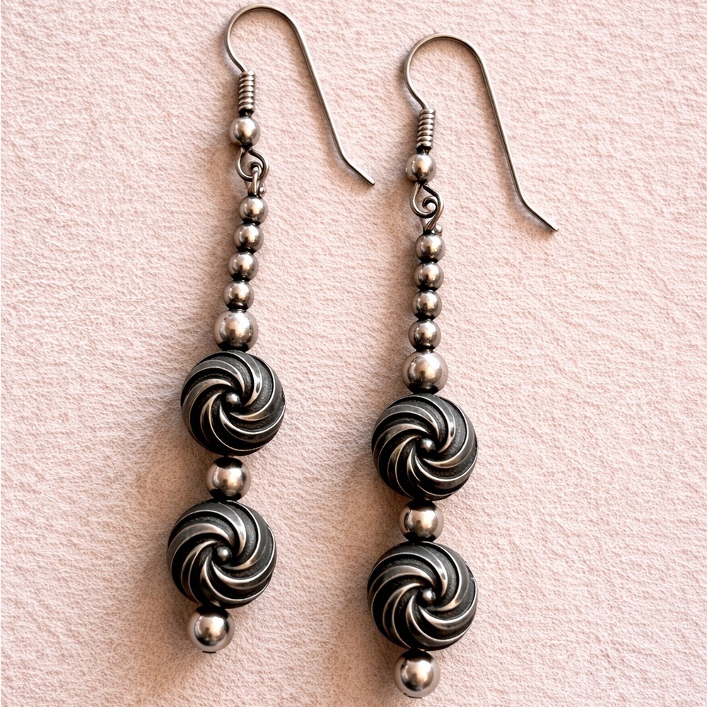 Silver Tone Spiral Bead Dangle Earrings Vintage Style Drop Minimal